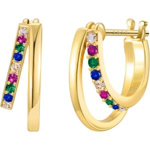 imageSWEETV Small Hoop Earrings 925 Sterling Silver PostHypoallergenic Huggie Earrings for WomenCubic Zirconia Tiny Cartilage Earrings10mmRainbowGold