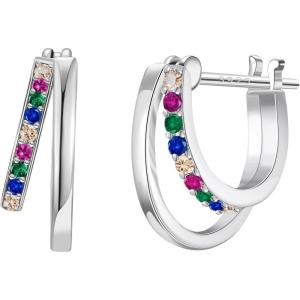 imageSWEETV Small Hoop Earrings 925 Sterling Silver PostHypoallergenic Huggie Earrings for WomenCubic Zirconia Tiny Cartilage Earrings10mmRainbowSilver