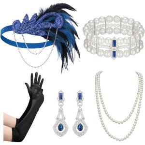 imageSWEETV 1920s Flapper Accessories Set for Women Roaring 20s Great Gatsby Headband Flapper Costume Accessories 070409F03 Blue