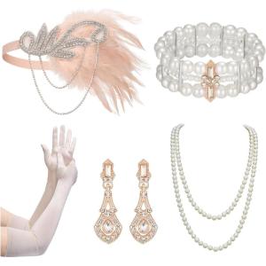 imageSWEETV 1920s Flapper Accessories Set for Women Roaring 20s Great Gatsby Headband Flapper Costume Accessories 070409F06 Pink
