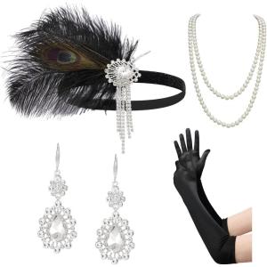 imageSWEETV 1920s Flapper Accessories Set for Women Roaring 20s Great Gatsby Headband Flapper Costume Accessories 070409F09 Black