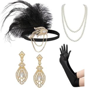 imageSWEETV 1920s Flapper Accessories Set for Women Roaring 20s Great Gatsby Headband Flapper Costume Accessories 070409F10 Gold