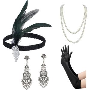 imageSWEETV 1920s Flapper Accessories Set for Women Roaring 20s Great Gatsby Headband Flapper Costume Accessories