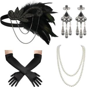 imageSWEETV 1920s Flapper Accessories Set for Women Roaring 20s Great Gatsby Headband Flapper Costume AccessoriesF01 Black5pcs