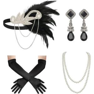 imageSWEETV 1920s Flapper Accessories Set for Women Roaring 20s Great Gatsby Headband Flapper Costume AccessoriesF02 Silver5pcs