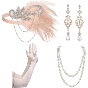 imageSWEETV 1920s Flapper Accessories Set for Women Roaring 20s Great Gatsby Headband Flapper Costume AccessoriesF03 Pink