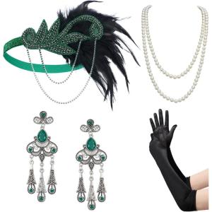 imageSWEETV 1920s Flapper Accessories Set for Women Roaring 20s Great Gatsby Headband Flapper Costume AccessoriesF04 Green