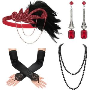 imageSWEETV 1920s Flapper Accessories Set for Women Roaring 20s Great Gatsby Headband Flapper Costume AccessoriesF04 Red