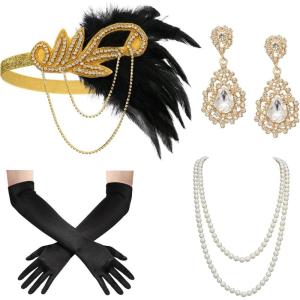 imageSWEETV 1920s Flapper Accessories Set for Women Roaring 20s Great Gatsby Headband Flapper Costume AccessoriesF05 Gold