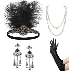 imageSWEETV 1920s Flapper Accessories Set for Women Roaring 20s Great Gatsby Headband Flapper Costume AccessoriesF06 Gold