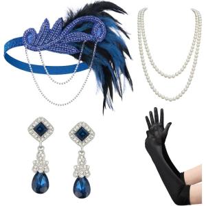 imageSWEETV 1920s Flapper Accessories Set for Women Roaring 20s Great Gatsby Headband Flapper Costume AccessoriesF08 Sapphire