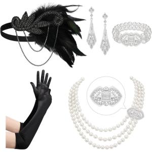 imageSWEETV 1920s Flapper Accessories Set for Women Roaring 20s Great Gatsby Headband Flapper Costume AccessoriesF14 Black7pcs
