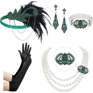 imageSWEETV 1920s Flapper Accessories Set for Women Roaring 20s Great Gatsby Headband Flapper Costume AccessoriesF25 Green7pcs