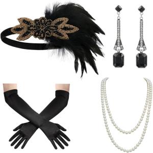 imageSWEETV 1920s Great Gatsby Accessories Set for Women Flapper Headband Headpiece Roaring 20s Costume Accessories SetF01 Black