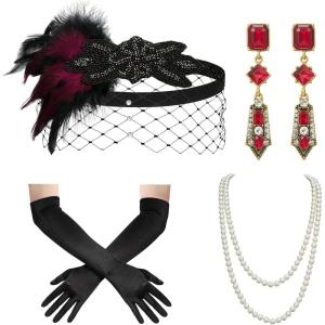 imageSWEETV 1920s Great Gatsby Accessories Set for Women Flapper Headband Headpiece Roaring 20s Costume Accessories SetF02 Mulberry Red