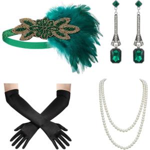imageSWEETV 1920s Great Gatsby Accessories Set for Women Flapper Headband Headpiece Roaring 20s Costume Accessories SetF03 Green