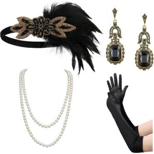 imageSWEETV 1920s Great Gatsby Accessories Set for Women Flapper Headband Headpiece Roaring 20s Costume Accessories SetF05 Black