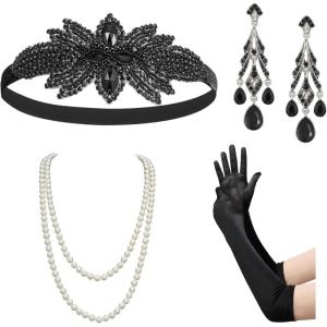 imageSWEETV 5Pcs 1920s Flapper Accessories Set for Women Roaring 20s Great Gatsby Headband Flapper Costume Accessories