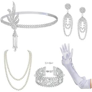 imageSWEETV 6Pcs 1920s Flapper Accessories Set for Women Roaring 20s Great Gatsby Headband Flapper Costume AccessoriesF01