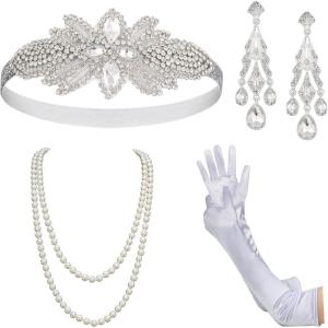 imageSWEETV 6Pcs 1920s Flapper Accessories Set for Women Roaring 20s Great Gatsby Headband Flapper Costume AccessoriesF03