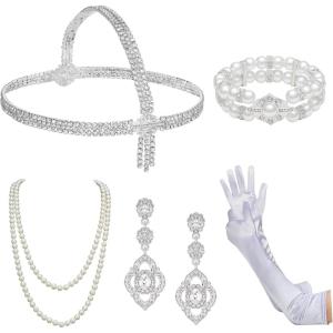 imageSWEETV 6Pcs 1920s Flapper Accessories Set for Women Roaring 20s Great Gatsby Headband Flapper Costume AccessoriesF04