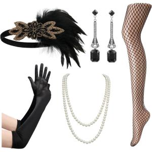 imageSWEETV 6Pcs 1920s Flapper Great Gatsby Accessories Set for Women Roaring 20s Womens Costume Accessories SetsF03 Black
