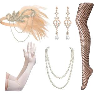 imageSWEETV 6Pcs 1920s Flapper Great Gatsby Accessories Set for Women Roaring 20s Womens Costume Accessories SetsF05 Pink