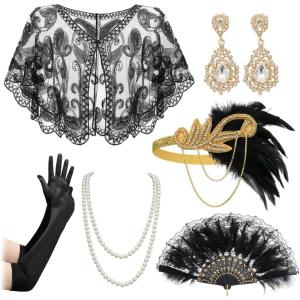 imageSWEETV 7Pcs 1920s Flapper Accessories Set for Women Great Gatsby Roaring 20s Women Costume Accessories SetsF02 Gold