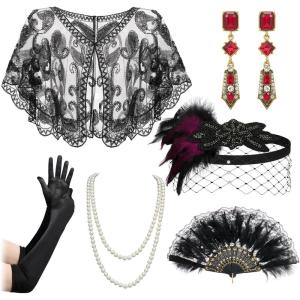 imageSWEETV 7Pcs 1920s Flapper Accessories Set for Women Great Gatsby Roaring 20s Women Costume Accessories SetsF07 Mulberry