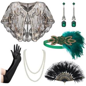 imageSWEETV 7Pcs 1920s Flapper Accessories Set for Women Great Gatsby Roaring 20s Women Costume Accessories SetsF09 Green
