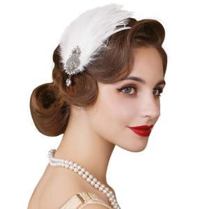 imageSWEETV 1920s Feather Headpiece Flapper Headband Roaring 20s Hair Accessories Great Gatsby Hair Clip BlackWhite