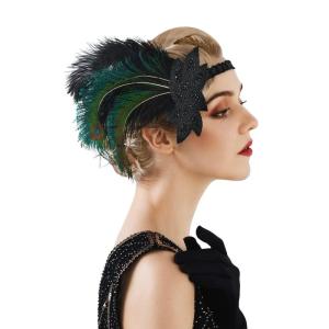imageSWEETV 1920s Flapper Feather Headband 20s Sequined Showgirl Headpiece Gatsby Hair Accessories for Women Black01 Black