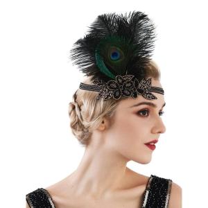 imageSWEETV 1920s Flapper Feather Headband 20s Sequined Showgirl Headpiece Gatsby Hair Accessories for Women Black02 Black