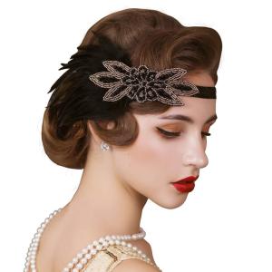 imageSWEETV 1920s Flapper Feather Headband 20s Sequined Showgirl Headpiece Gatsby Hair Accessories for Women BlackBlack