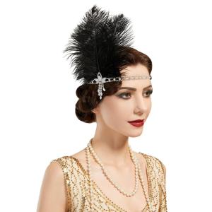 imageSWEETV 1920s Flapper Feather Headband Sparkling Rhinestone Roaring 20s Showgirl Gatsby Headpiece Hair AccessoriesF01 Black