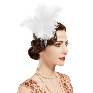 imageSWEETV 1920s Flapper Feather Headband Sparkling Rhinestone Roaring 20s Showgirl Gatsby Headpiece Hair AccessoriesF02 White