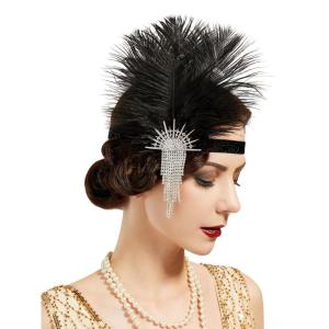 imageSWEETV 1920s Flapper Feather Headband Sparkling Rhinestone Roaring 20s Showgirl Gatsby Headpiece Hair AccessoriesF03 Black