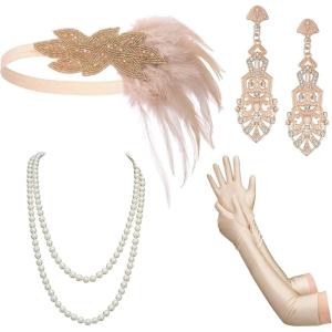 imageSWEETV 1920s Great Gatsby Accessories Set for Women Flapper Headband Headpiece Roaring 20s Costume Accessories SetF02