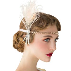 imageSWEETV 1920s Headpiece Flapper Headband Pearl Peacock Feather Hair Band Great Gatsby Accessoreis for Women Blush PinkPearl Blush Pink