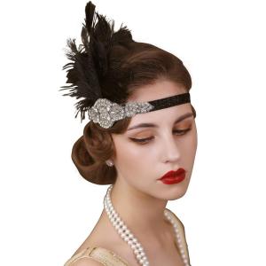 imageSWEETV 1920s Headpiece Flapper Headband Rhinestone Feather Great Gatsby Headpiece Hair Accessories for Women BlackBlack