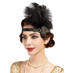 imageSWEETV 1920s Headpiece Flapper Headband Rhinestone Feather Great Gatsby Headpiece Hair Accessories for Women BlackGold