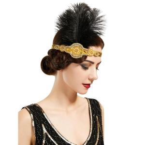 imageSWEETV 1920s Headpiece Flapper Headband Rhinestone Feather Great Gatsby Headpiece Hair Accessories for Women BlackYellow
