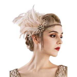imageSWEETV 1920s Headpiece Flapper Headband Rhinestone Pearl Feather Hair Band Great Gatsby Headpiece Accessoreis for WomenChampagneChampagne