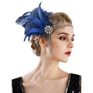 imageSWEETV 1920s Headpiece Flapper Headband Rhinestone Pearl Feather Hair Band Great Gatsby Headpiece Accessoreis for WomenChampagneDark Blue