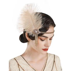 imageSWEETV 1920s Headpiece Flapper Headband Roaring 20s Great Gatsby Feather Hair Accessories for WomenGoldF02 Champagne