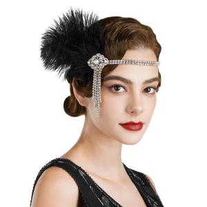 imageSWEETV 1920s Headpiece Flapper Headband Roaring 20s Great Gatsby Feather Hair Accessories for WomenGoldF04 Gold