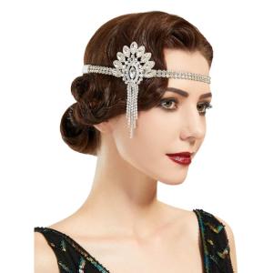 imageSWEETV 1920s Headpiece Flapper Headband for Women Art Deco Roaring 20s Great Gatsby Rhinestone Hair Band Headpiece AccessoreisSilverF01