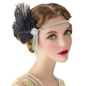 imageSWEETV Flapper Headbands Womens 1920s Headpiece Great Gatsby Inspired Feather Headband Cocktail Party Rhinestone Hair Accessories for Women BlackElastic Black