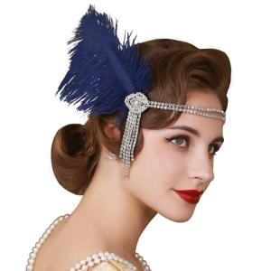 imageSWEETV Flapper Headbands Womens 1920s Headpiece Great Gatsby Inspired Feather Headband Cocktail Party Rhinestone Hair Accessories for Women BlackElastic Blue