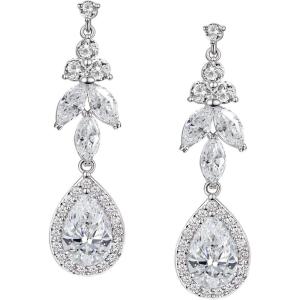 imageSWEETV Teardrop Wedding Earrings for BridesBridesmaids Cubic Zirconia Bridal Earrings Dangle Drop Earrings for Women PromSilver